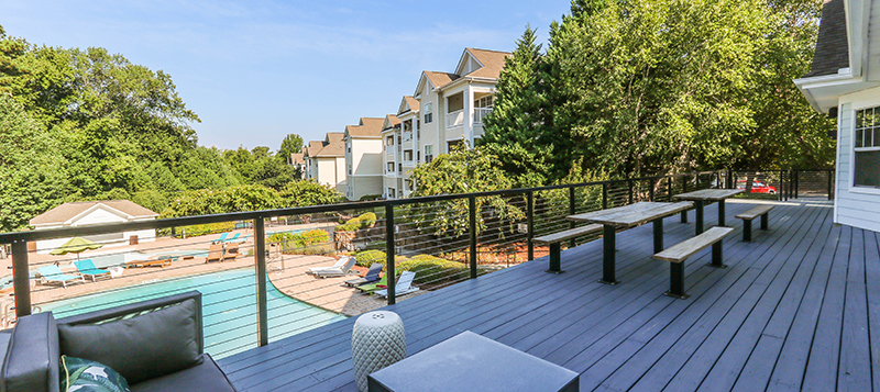 Exterior View of Pool Deck at Campus Edge Apartments in Raleigh, North Carolina near NC State University